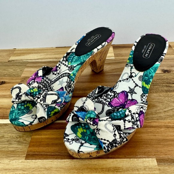 Coach Shoes - Coach Karen Floral Butterfly Chain Print Cork Heel Bow Slides Sandals Womens 9.5